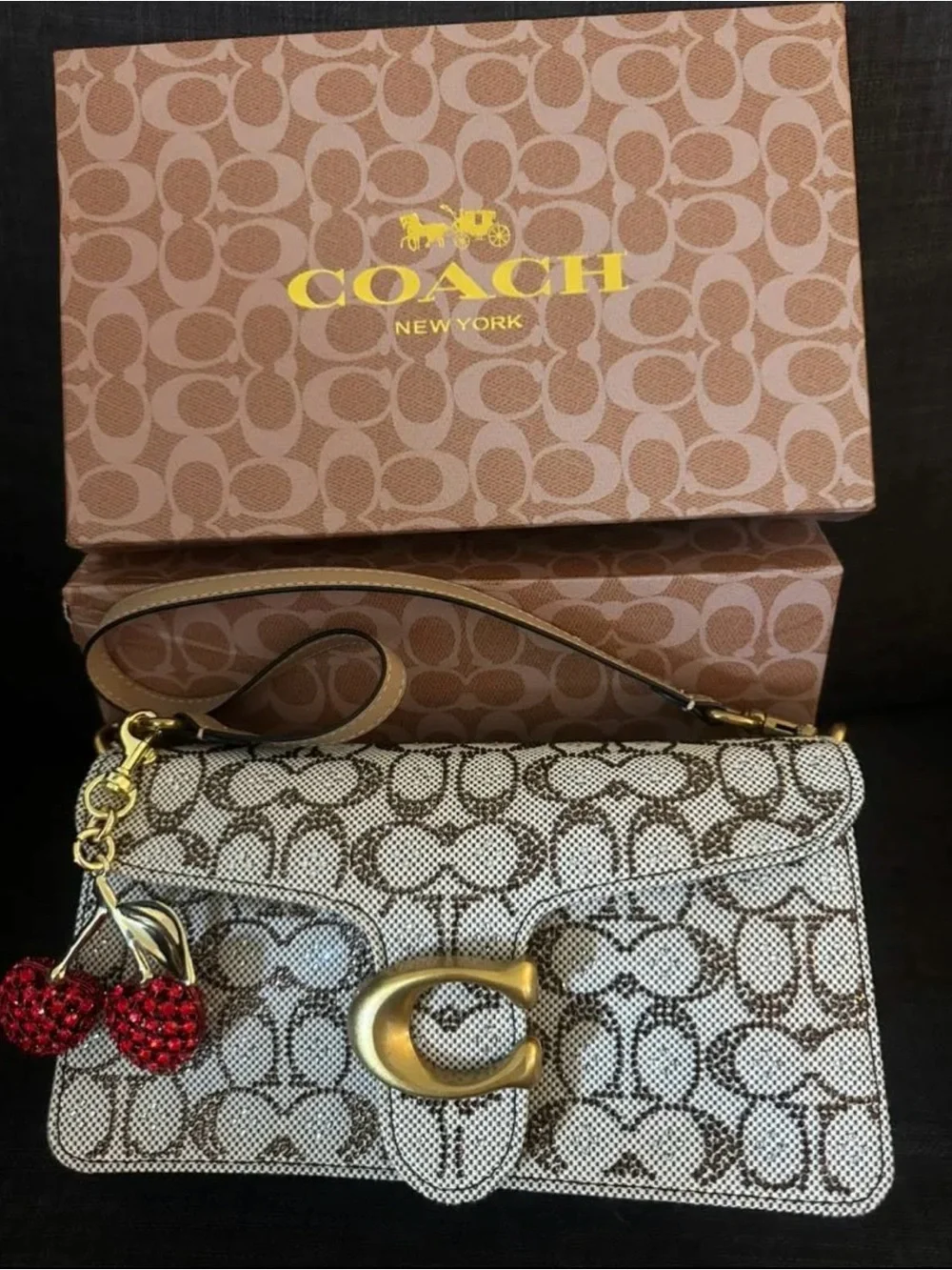 Coach Beige & Brown Signature Canvas Shoulder Bag with Cherry Charm